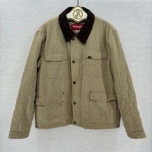 Wrangler Sherpa Lined Barn Jacket Men LARGE Khaki Canvas Chore Coat Corduroy